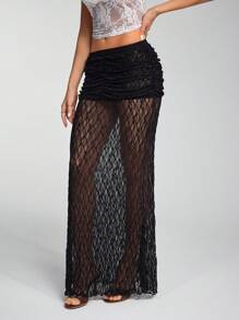 Flirla تنورة ذات نسيج دانتيل بذيل سمكة، أسلوب عطلة شاطئية جذابة، للربيع/الصيف - الأسود - مشاهدة 3