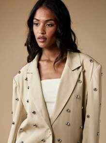 MISSGUIDED Professional Blazer Studded Metal Embellished Double Breasted Statement Business Office Work Formal Spring Autumn Outerwear - Light Grey - View 5