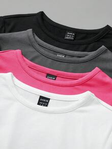 SHEIN BASICS 4件組女款素色針織圓領短袖修身連身衣夏季套裝 - 玫紅色 - 查看 4