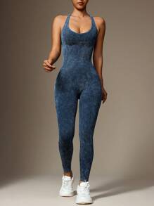 Easithlete Women's Acid Wash Criss-Cross Back Sports Jumpsuit - Blue - View 7