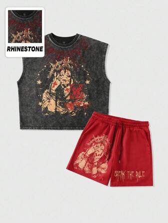 Goth Ensemble de gilet lavé à imprimé diamant pailleté pour homme