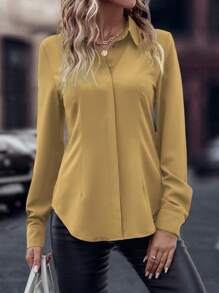 SHEIN Clasi Solid Curved Hem Shirt - Mustard Yellow - View 3