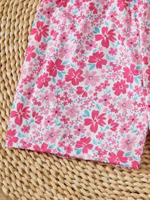 SHEIN 3 件套青少年女孩休闲花卉条纹纯色连体裤，适合度假、海滩、郊游、上学 - 粉色 - 查看 8