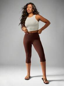 MISSGUIDED High Waisted Capri Leggings Tummy Control Shapewear Athleisure Pants Fall Winter Indoor Comfort - Brown - View 6