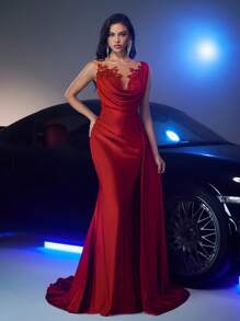 Glamrae 优雅酒红色薄纱花卉贴花高腰垂褶荷叶边不对称鱼尾下摆晚礼服，适合婚礼宾客、毕业典礼、舞会、情人节等场合。 - 酒紅色 - 查看 8