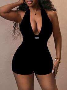 Slaydiva California English Letter Embroidered Badge Elastic Chest Gathered Back Tie Up Sleeveless Bodycon Romper For Women,Summer Suitable For Going Out