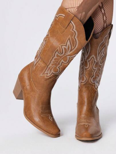 Fairycore Women's Cowboy Boots, Brown Casual Outdoor Fashion Western Style Embroidery Mid-Calf Boots, Spring Autumn New Arrival