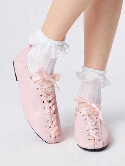 Kawaii Women's Fashionable Minimalist Motorcycle Style Lace-Up Flat Shoes, Versatile For Summer Vacation Outfits, Casual, Sweet, Punk And Ballet Styles