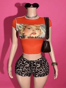 Slaydiva 2025 Neuer Sommer Lässig Street Hottie Stil Y2K Alltags-Date Rundhals Kurzarm Dichte Kante Kontrastfarben Linie Portrait Muster Muster Retro Orange T-Shirt + Ultra Shorts Leoparden Hose Damen Zweiteiler-A Grafik T-Shirts Damen Y2k Y2k Zweiteiler 2 Teile Shorts Set - Verschiedenfarbig - Übersicht 9