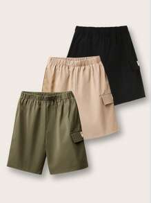 3 件套儿童男童休闲纯色宽松梭织短裤带口袋百搭舒适日常穿着适合通勤、上学、休闲、旅行、运动、春夏秋冬