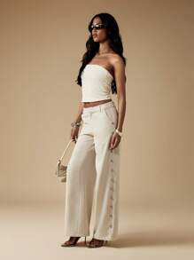 MISSGUIDED Professional Wide Leg Palazzo Pants Side Button Detail Statement Trousers Evening Formal Office Wear - Khaki - View 3