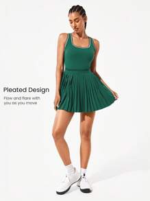 GLOWMODE FeatherFit™-Air Quick-Dry Tennis Built-In Cups Pleated Peekaboo Elasticized Waist Dress With Built-In Shorts Side Pockets Running Workout Gym - Green - View 6