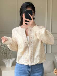 DAZY 优雅蕾丝圆领宽松女式衬衫，秋季女装长袖上衣 - 米色 - 查看 6