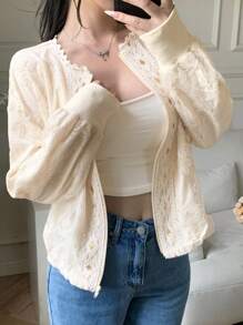 DAZY 优雅蕾丝圆领宽松女式衬衫，秋季女装长袖上衣 - 米色 - 查看 8