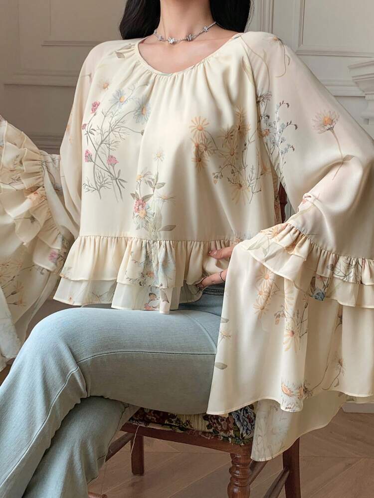 Floral Print Tied Ruffle Hem Flare Sleeve Women Blouse Long Sleeve Top