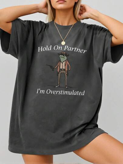 INAWLY 女士口号与卡通印花落肩短袖宽松 T 恤