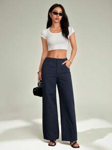 SHEIN PETITE Women's Casual Fashionable Summer Vacation Striped Print Pocket Loose Pants For Daily Wear - Navy Blue - View 3