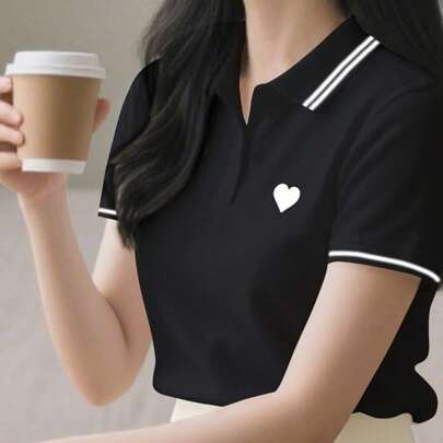 여성용 여름 하트 스트라이프 반팔 캐주얼 폴로 셔츠 그래픽 티셔츠 여성 탑