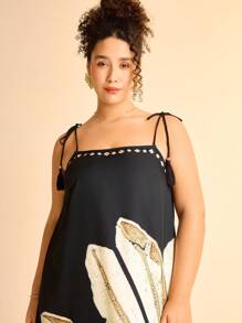 CAJUNI Plus Size Women Bohemian Tropical Coconut Tree Print Casual Sleeveless Tasselled Dress, Suitable For Beach Resort, Summer