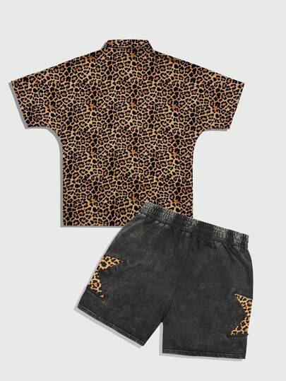 Street Life Leopard Print Men Short Sleeve Shirt And Drawstring Waist Shorts Set