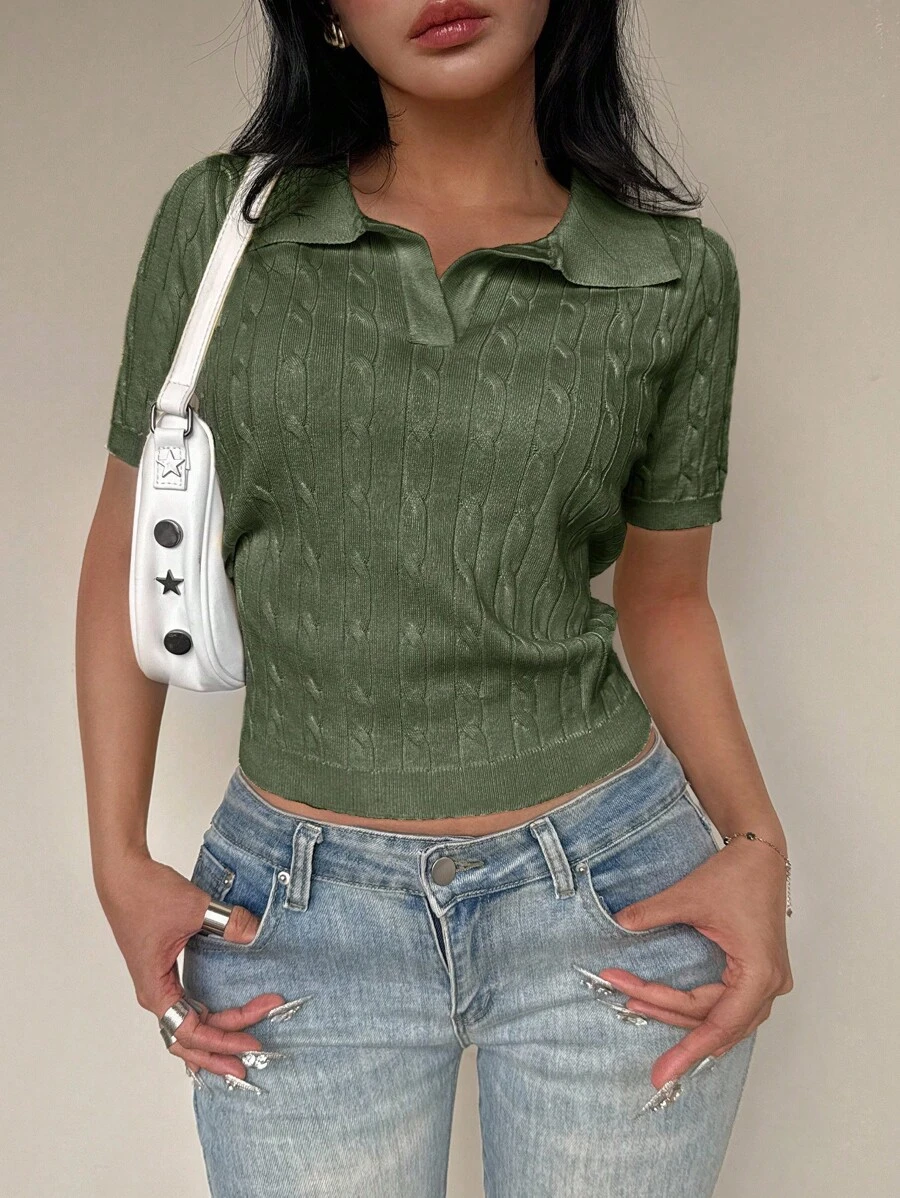 Flirla Áo len dệt kim màu trơn cổ polo xoắn tay ngắn cho nữ - xanh quân đội - Xem 1