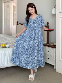 DAZY Floral Print Lightweight Short Sleeve Nightgown For Women Pajama, Moo Moo Sleep Dress - Blue - View 5