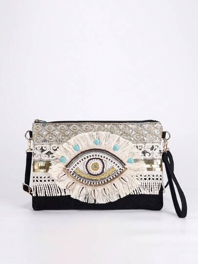 Goth Bolso de mano con flecos de estilo bohemio de moda para mujer