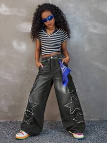 Coolane Tween Girls Four Seasons Front Button Pocket Five Pointed Star Frayed Hem Simple Casual Jeans, Back To School,Streetwear Fall/Winter - Black - View 3
