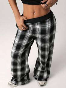 SHEIN ICON Pantalones casuales de estilo básico para mujer con patchwork de cuadros en blanco y negro de cintura baja y pierna acampanada