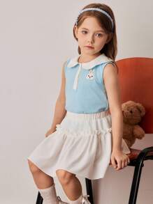 PrepCrw Kleine Mädchen Zweiteiler im Farbblock Design mit ärmelloser Bluse und Mini-Rock, Preppy Stil - Blau-Weiß - Übersicht 6