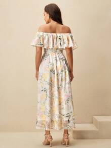Anewsta Elegant Off Shoulder Ruffle Trim Cinched Waist Loose Resort Style Dress For Women - Yellow - View 2
