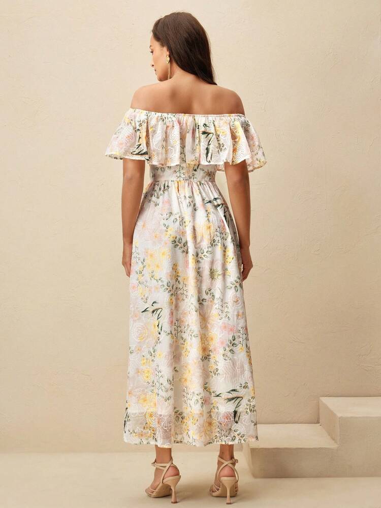 Vestido Elegante de Estilo Resort com Decote Ombro à Mostra, Babados na Bainha e Cintura Marcada Folgado para Mulheres