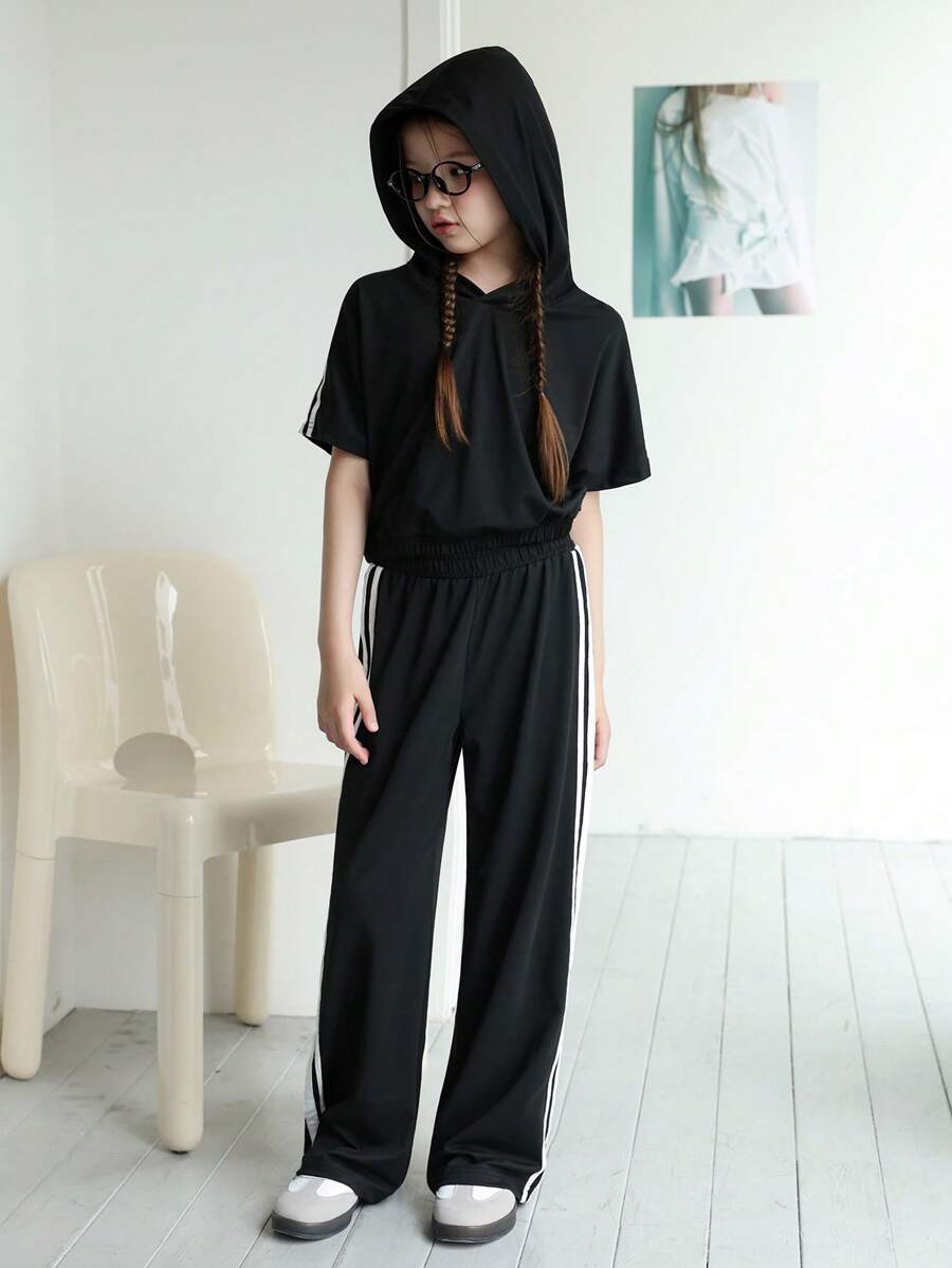 Tween Girls Casual Basic Loose Drop-Shoulder Bat-Wing Sleeve Sweatshirt & Sweatpants Set - Black - View 1