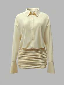 Cévolie Đầm mini tay dài màu trơn đơn giản thời trang dành cho nữ - Màu be - Xem 3