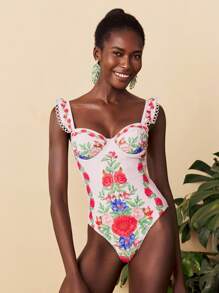 Travachic 1pc Women's Floral Print One-Piece Swimsuit With Cap Sleeves, Fashion Holiday Beachwear