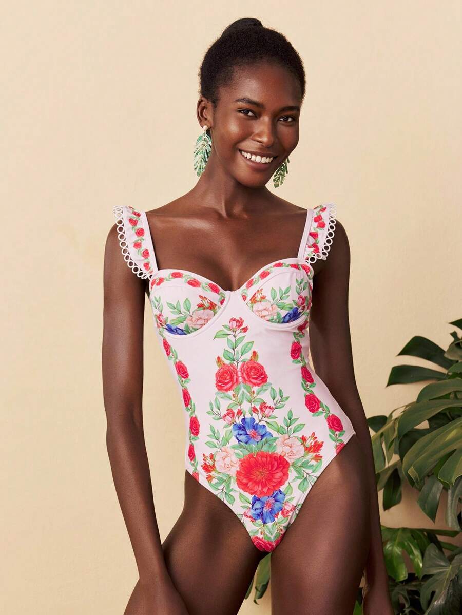Travachic 1pc Women's Floral Print One-Piece Swimsuit With Cap Sleeves, Fashion Holiday Beachwear