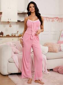 Conjunto de ropa de dormir romántica de encaje, floral y malla para mujer - Rosa - Ver 6