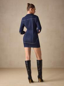 SHEIN BAE Damen Denim Kleid, elegant für Arbeit/Pendeln, gearbeiteter Denim, goldfarbene Stickerei-Details, Klassiker-Serie - Blau - Übersicht 2