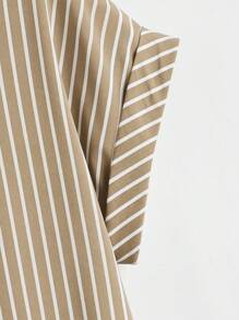 SHEIN LUNE Plus Size Casual Minimalist Loose Striped Short Sleeve Shirt - Mocha Brown - View 4