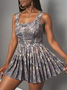 Slaydiva 2025 秋冬新品，女士秋冬装，万圣节，春夏休闲简约基本款 U 领吊带背心，百褶裙，树枝印花图案包含短裤和裙子，弹力针织面料女士迷你连衣裙/女士生日连衣裙