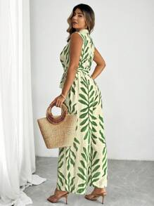 Flirla Women Plus Size Casual Floral Print Sleeveless Jumpsuit, Summer