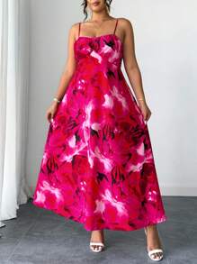 Breezaya Plus Size Rose Red Ditsy Floral Slit Spaghetti Strap Backless Drawstring Waist Vacation Casual Dress - Rose Red - View 4