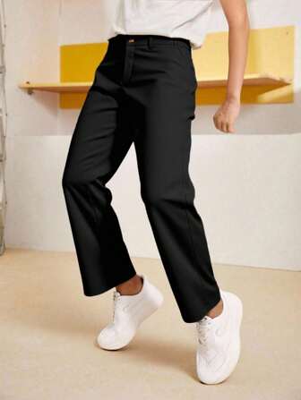 SHEIN 男童纯色单扣前开休闲/通勤长裤