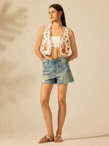 CAJUNI White Base Orange Tropical Floral Embroidery Sleeveless Open Front Short Vest For Women, Suitable For Summer Vacation, Beach, Graduation Casual Blouse For Women - Multicolor - View 7