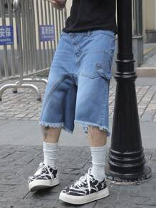 Manfinity EMRG Pantaloni scurți din denim pentru bărbați, cu tiv zdrențuit, lejeri, casual, de 5 inci
