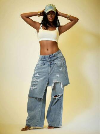 Street Life Vintage Distressed Washed Sagging Baggy Jeans With Faux 2-In-1 Design, Street Style