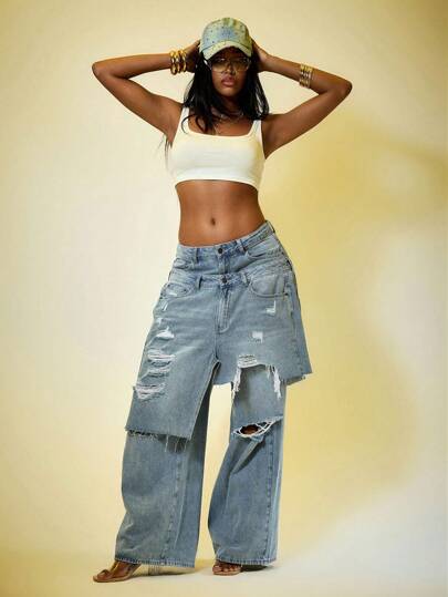 Street Life Jeans vintage desgastados y lavados, con diseño desgarbado y amplio, con efecto de 2 en 1 falso, estilo callejero