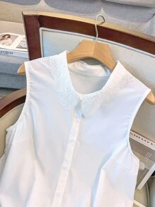 SHEIN Clasi 大码女式优雅蕾丝领无袖纯色衬衫 - 白色 - 查看 4