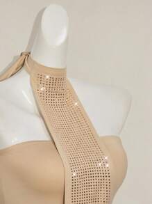 SHEIN ICON Top corto de halter de encaje con apliques de rhinestone y cierre de cordones, top bandeau sexy que se ajusta a la figura