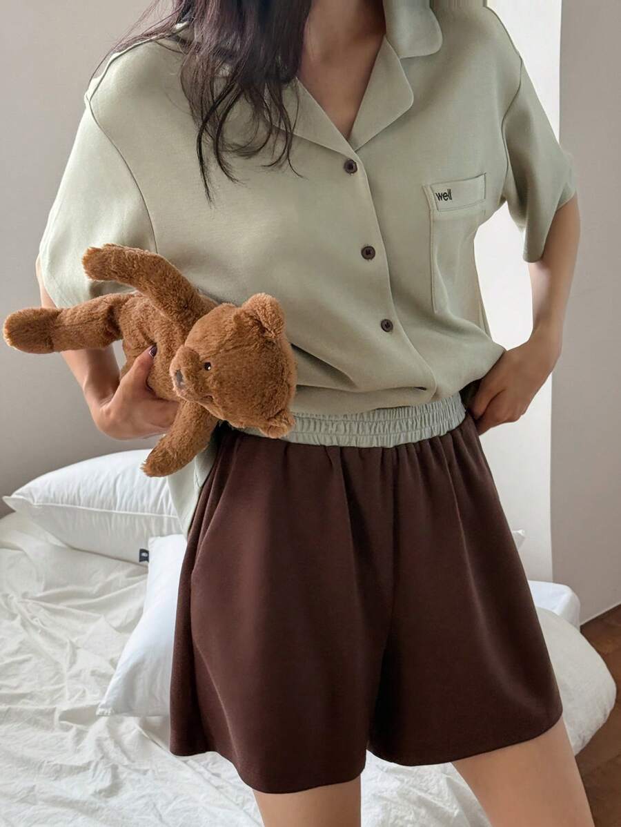 DAZY Comfortable Knit Color Block Letter Embroidery Short Sleeve & Shorts Ladies Pajama Set - Green - View 1
